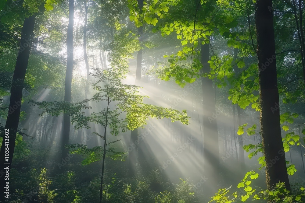 Underbrush in a Beech Tree Forest: Sunbeams and Fog Creating a Mystical Atmosphere Underbrush in a Beech Tree Forest: Sunbeams and Fog Creating a Mystical Atmosphere