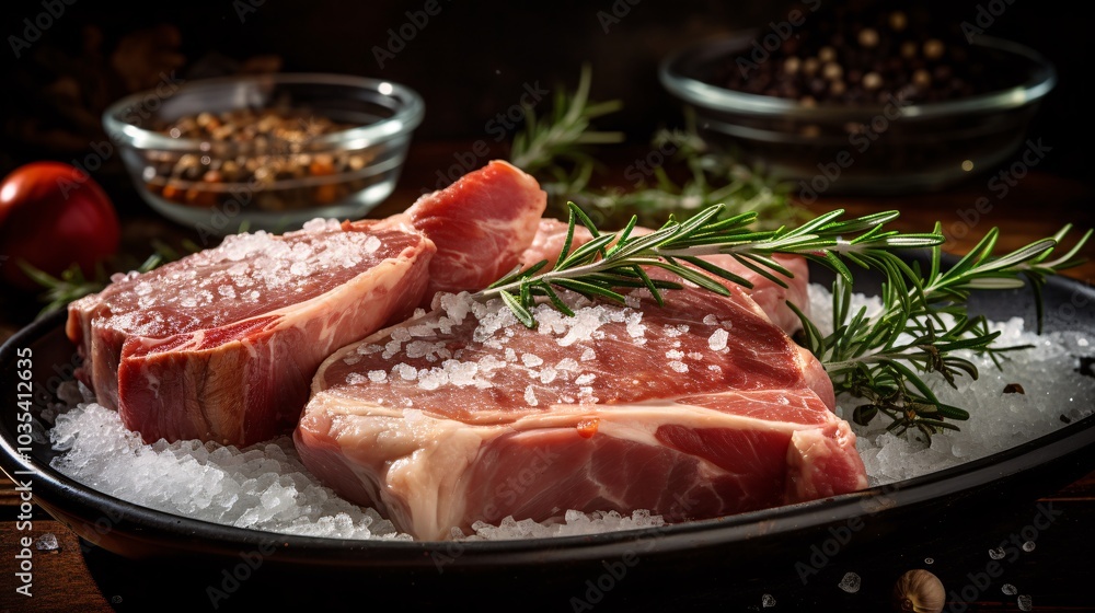 A close-up of raw pork shoulder seasoned with salt and a side of rosemary A close-up of raw pork shoulder seasoned with salt and a side of rosemary