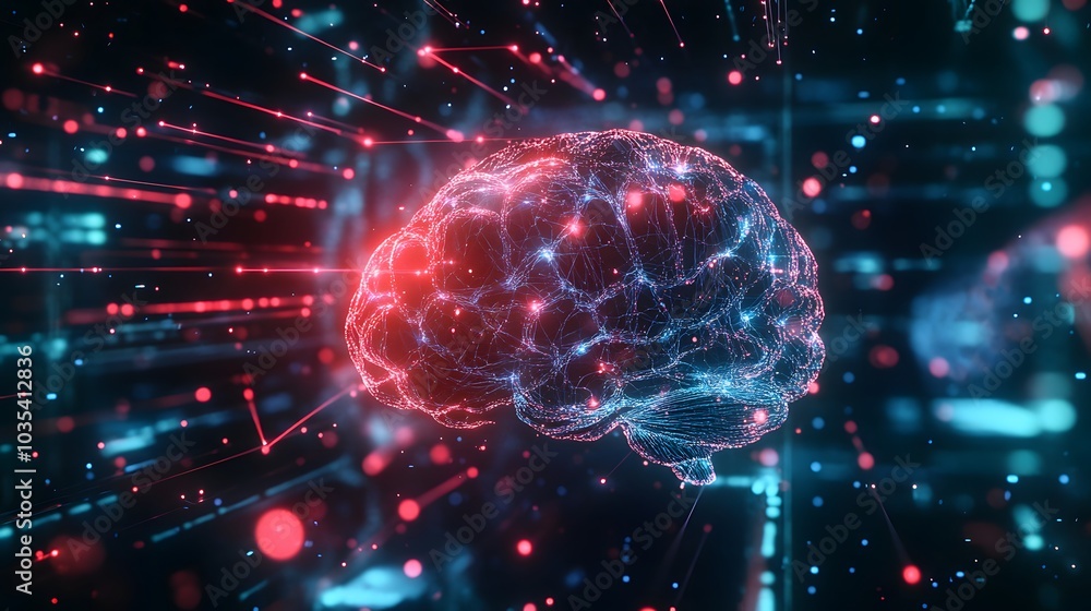 Abstract Representation of a Digital Brain with Red and Blue Light Abstract Representation of a Digital Brain with Red and Blue Light