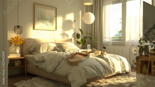 Wallpaper Mural A cozy Scandinavian bedroom with a double bed, a headboard Torontodigital.ca