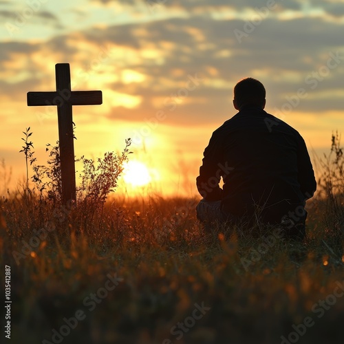 Silhouette of a Man Praying Before a Cross at Sunset with Field Faith, Hope, Spirituality.