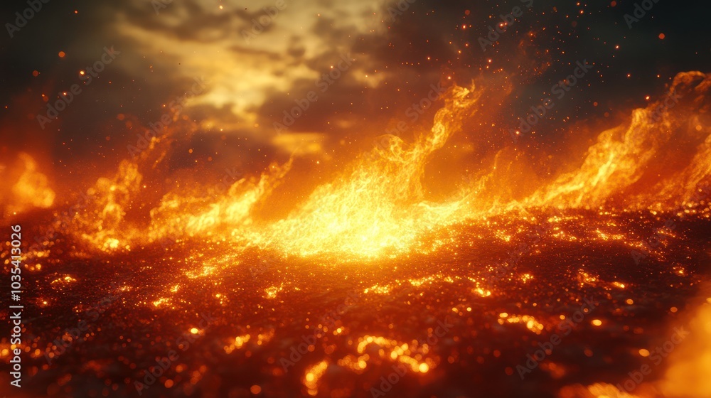 Fiery inferno with embers and smoke against a stormy sky. Fiery inferno with embers and smoke against a stormy sky.