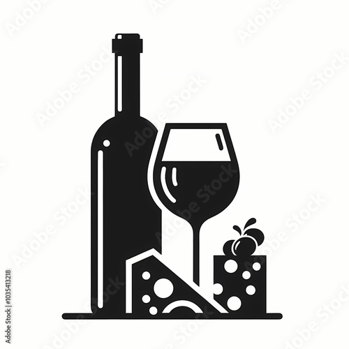 Black minimalist silhouette of a wine bottle with a glass and cheese on a white background, ideal for wine and dining-related designs.