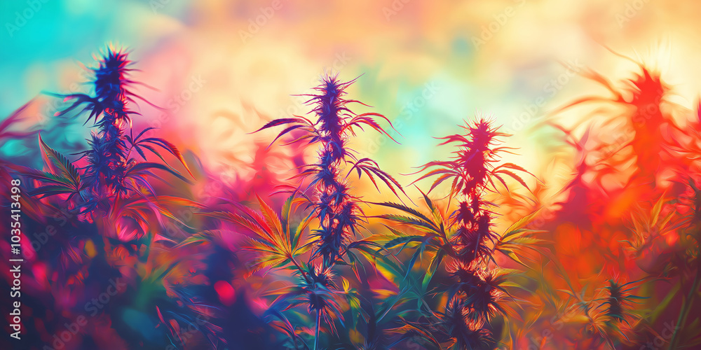 Vibrant, psychedelic cannabis plants in full bloom under surreal, rainbow-colored lighting, with a dreamlike background and soft focus. A visually striking and abstract portrayal of nature Vibrant, psychedelic cannabis plants in full bloom under surreal, rainbow-colored lighting, with a dreamlike background and soft focus. A visually striking and abstract portrayal of nature