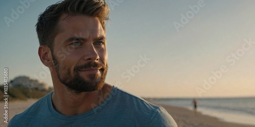 A confident man enjoying a serene beach sunset while taking a peaceful stroll along the shoreline.