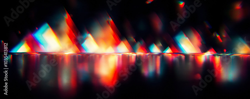 Abstract light refraction and prism reflections creating vivid, colorful shapes and patterns on a dark background, blending geometric forms with vibrant neon light effects