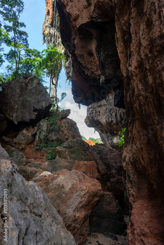 A scenic view of a rocky cave entrance surrounded by lush greenery.