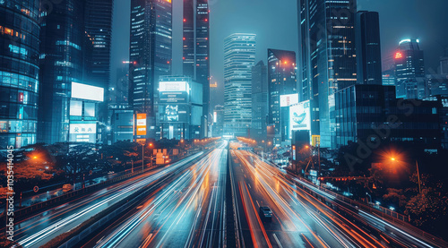 A futuristic cityscape with skyscrapers consisting of digital screens and billboards displaying various data, and cars speeding on the highway, high-tech road and highway lighting.