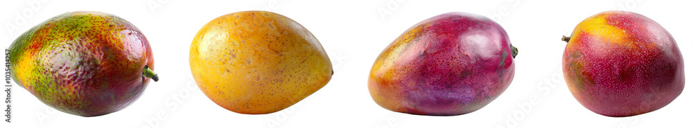 Fototapeta premium Varieties of ripe mangoes. Set of png on transparent background