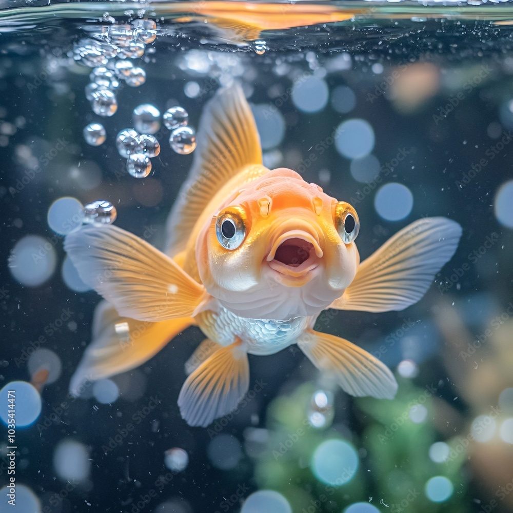 Cute goldfish in water with bubbles and bright colors Cute goldfish in water with bubbles and bright colors