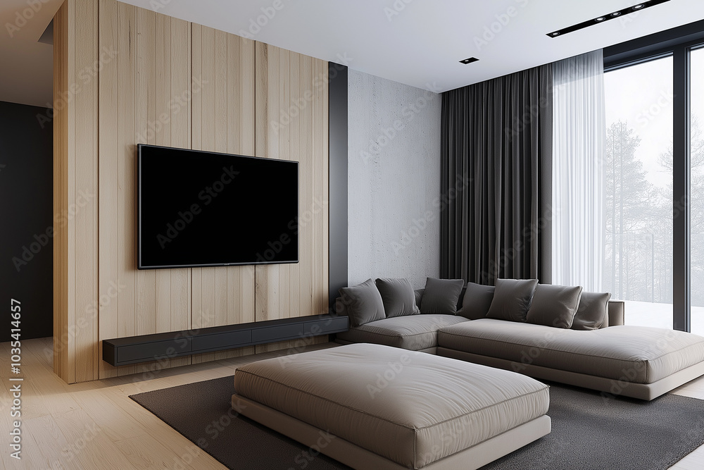 Modern Living Room with Large Sectional Sofa and Wall Mounted TV Modern Living Room with Large Sectional Sofa and Wall Mounted TV
