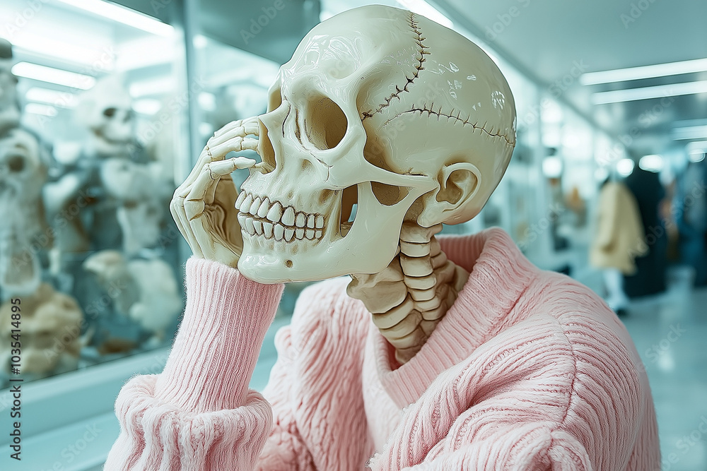A skeleton wearing a pink sweater posed in a thoughtful stance. Surreal and whimsical concept combining fashion and anatomy in a quirky way. A skeleton wearing a pink sweater posed in a thoughtful stance. Surreal and whimsical concept combining fashion and anatomy in a quirky way.