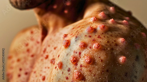 Smallpox, which appeared in a man, is a serious viral disease. Red spots are visible on the skin, caused by the variola virus, a very dangerous viral infection, accompanied by high fever. photo