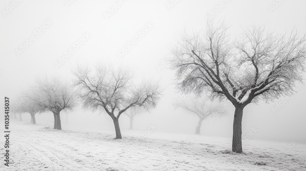 Obraz premium This image captivates with its ethereal beauty, showcasing leafless Almond trees shrouded in mist, all rendered in a serene monochrome palette