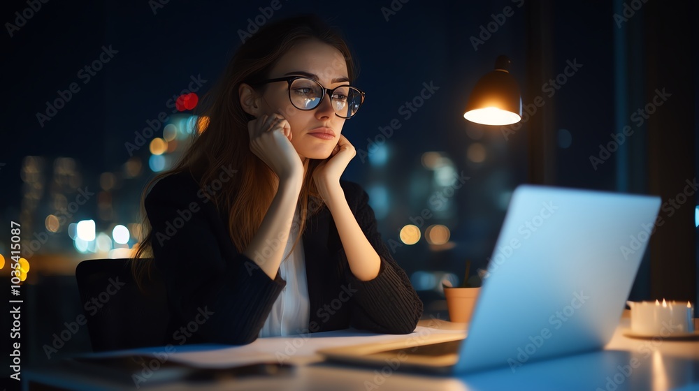 A woman works late at night on her laptop, illuminated by a desk lamp, with a city skyline visible in the background. A woman works late at night on her laptop, illuminated by a desk lamp, with a city skyline visible in the background.