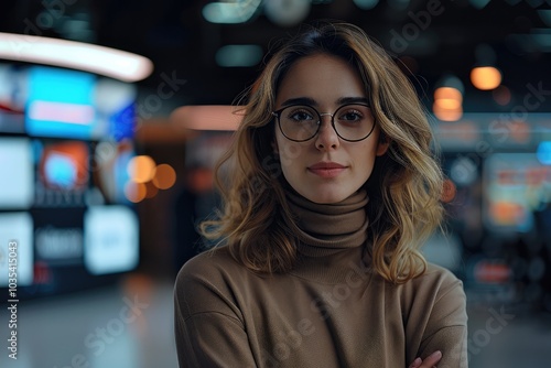 Young female reporter talking dressed in turtleneck and glasses, looking straight at camera, in modern bright lit studio with big screen showing a tech background.