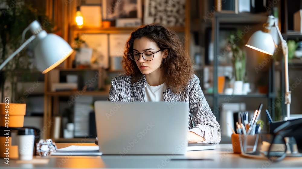 Fototapeta premium A young woman in glasses works on her laptop in a cozy home office. The light from the lamp illuminates her focused expression as she types.