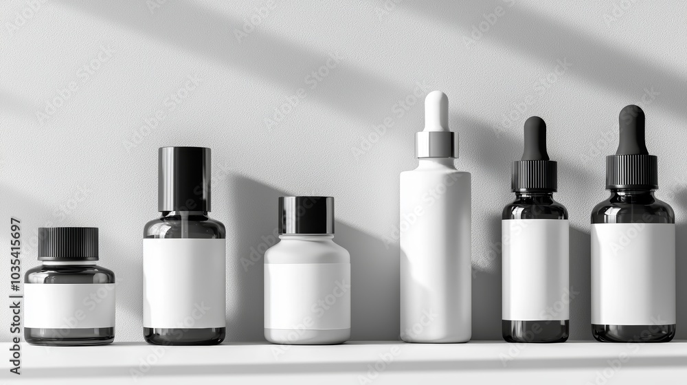 Minimalist Skincare Bottles Display on Shelf Minimalist Skincare Bottles Display on Shelf