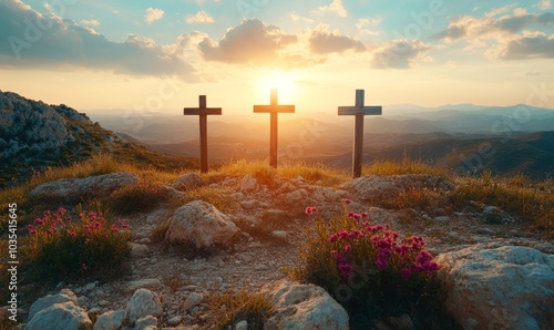 Three crosses on top of the mountain in the sunlight. Christian symbols, Generative AI