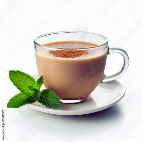 Aromatic Masala Chai: Indulge in the warmth of this steaming cup, spiced to perfection, garnished with a refreshing sprig of mint. Pure bliss! photo