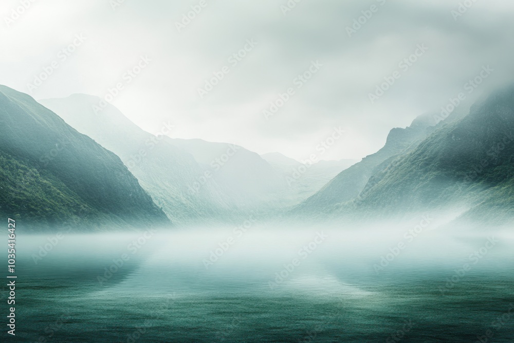 Ground level angle view, solid muted green surface with a cinematic surrounding of fog-covered valley, gentle silver lighting, and soft blue-gray tones, showcasing copy space, ad promo template Ground level angle view, solid muted green surface with a cinematic surrounding of fog-covered valley, gentle silver lighting, and soft blue-gray tones, showcasing copy space, ad promo template