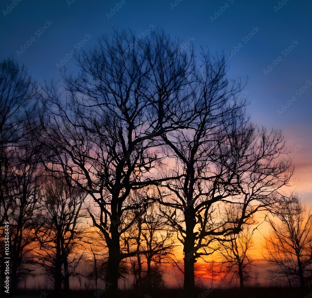 This dramatic silhouette of bare trees against a twilight sky captures the stark beauty of winter evenings. The contrast between dark branches and soft hues evokes a sense of calm and reflection. This dramatic silhouette of bare trees against a twilight sky captures the stark beauty of winter evenings. The contrast between dark branches and soft hues evokes a sense of calm and reflection.