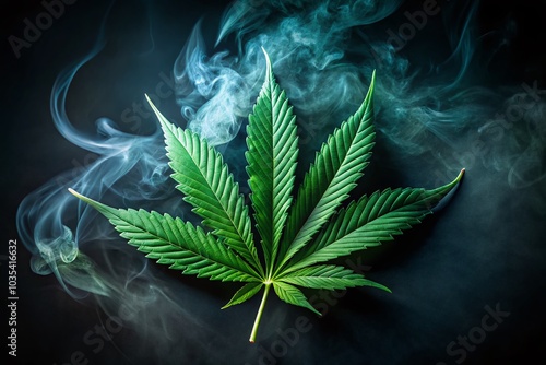 Green Cannabis Leaf in Smoke on Black Background for Relaxation and Wellness