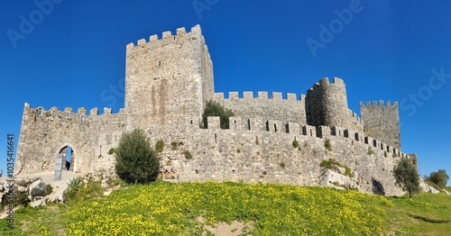 a well-preserved medieval stone fortress, featuring high walls with crenellations along the top and a large central tower. photo