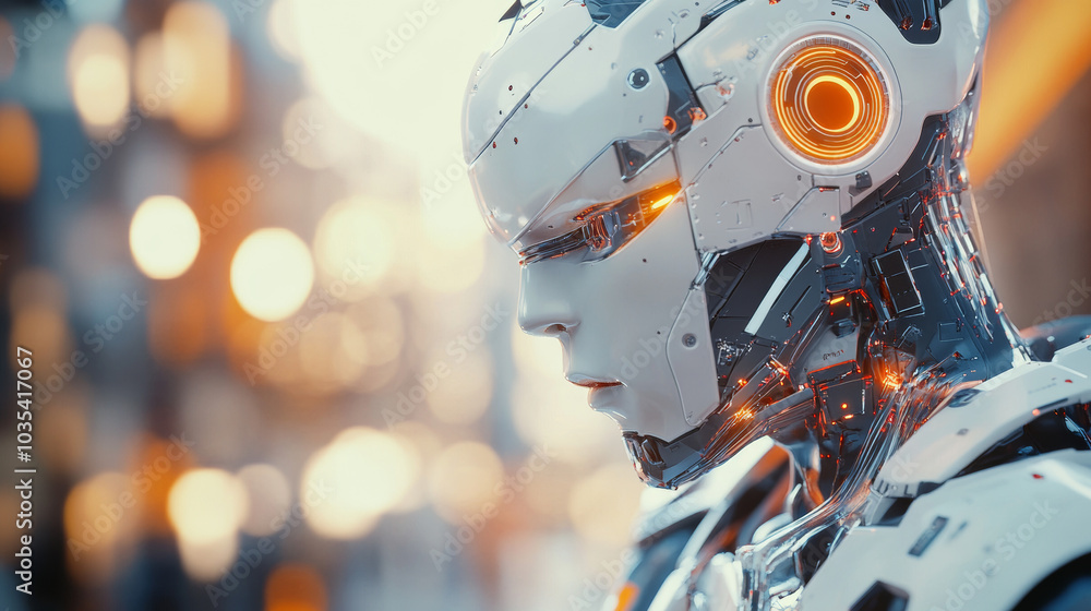 Fototapeta premium A cyborg in a blurred background, working on creating artificial intelligence, rendered in 3D.