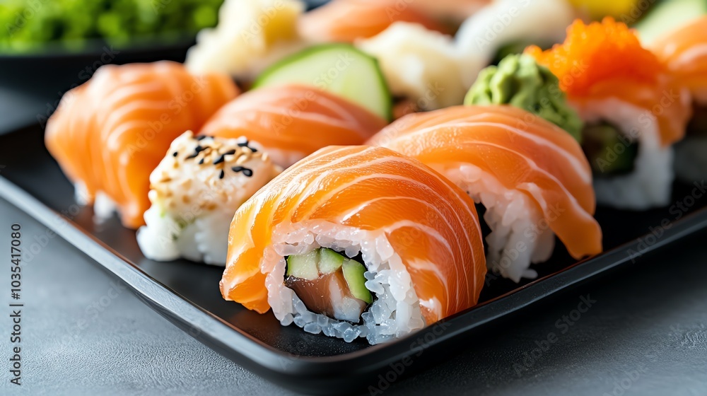 A close-up of a plate of assorted sushi rolls, featuring salmon, cucumber, and other ingredients. A close-up of a plate of assorted sushi rolls, featuring salmon, cucumber, and other ingredients.