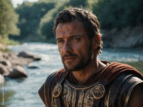 An attractive Roman man walking along a riverbank during a sunny afternoon, enjoying nature and solitude.