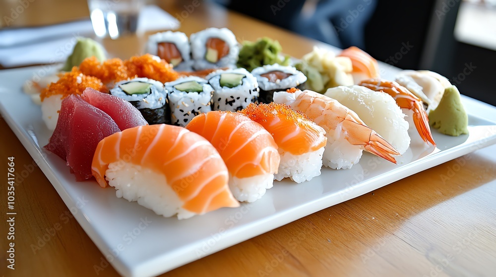 A platter of assorted sushi, including nigiri, maki, and sashimi, on a wooden table. A platter of assorted sushi, including nigiri, maki, and sashimi, on a wooden table.