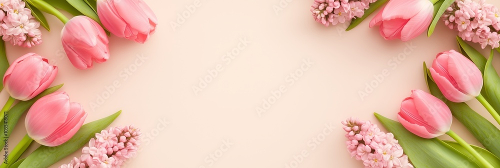 Flat lay of pink tulips and pink hyacinths arranged on a pastel beige background. The flowers create a natural border around the empty space in the center for text. Flat lay of pink tulips and pink hyacinths arranged on a pastel beige background. The flowers create a natural border around the empty space in the center for text.