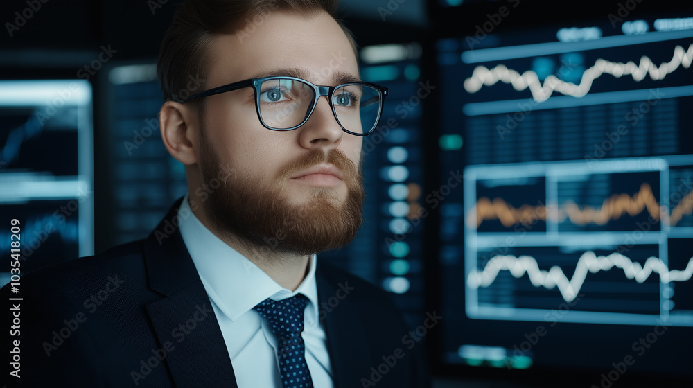 Focused Businessman Analyzing Financial Data on Computer Screens Focused Businessman Analyzing Financial Data on Computer Screens