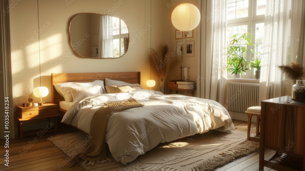 A cozy urban comfort Scandinavian bedroom with a double bed, a headboard A cozy urban comfort Scandinavian bedroom with a double bed, a headboard