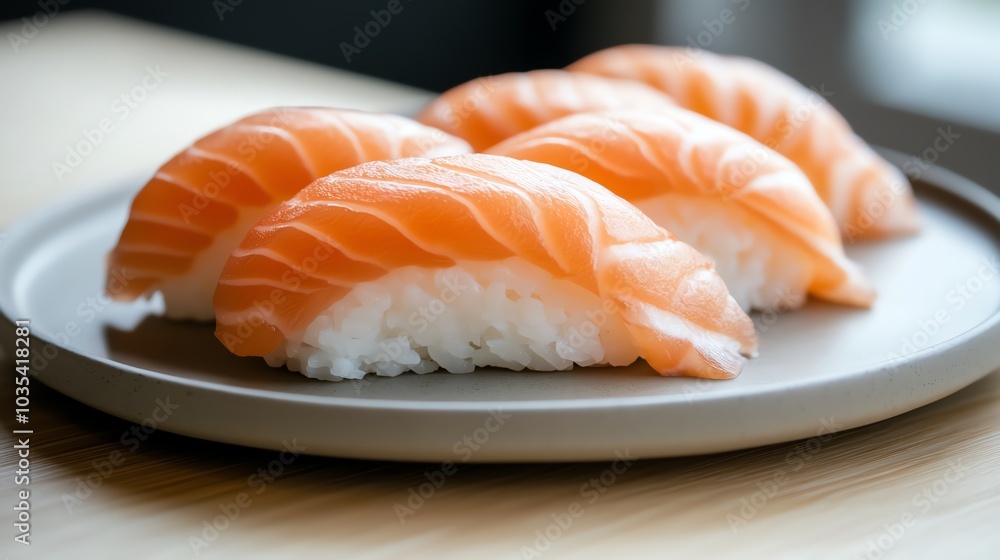 Close up of four pieces of salmon nigiri sushi on a grey plate. Close up of four pieces of salmon nigiri sushi on a grey plate.