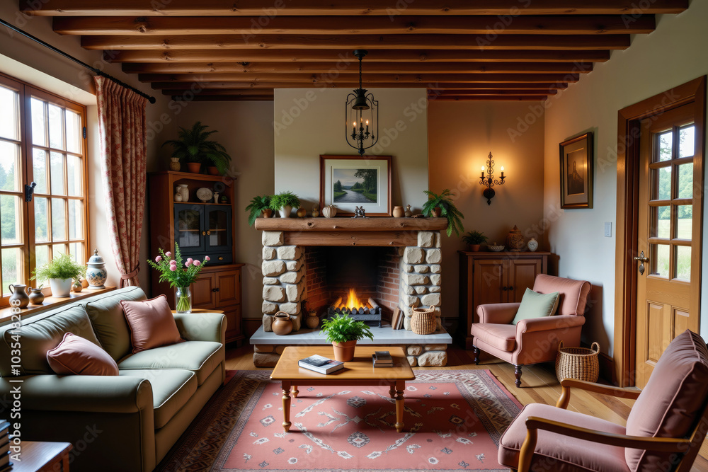Cozy living room with burning fireplace and wooden ceiling beams in rustic cottage Cozy living room with burning fireplace and wooden ceiling beams in rustic cottage