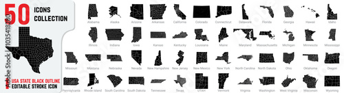 USA State black outline editable stroke icon set also includes New York, Iowa, UTAH, Texas, Alabama and California. USA Map, black with white individual city thin line map