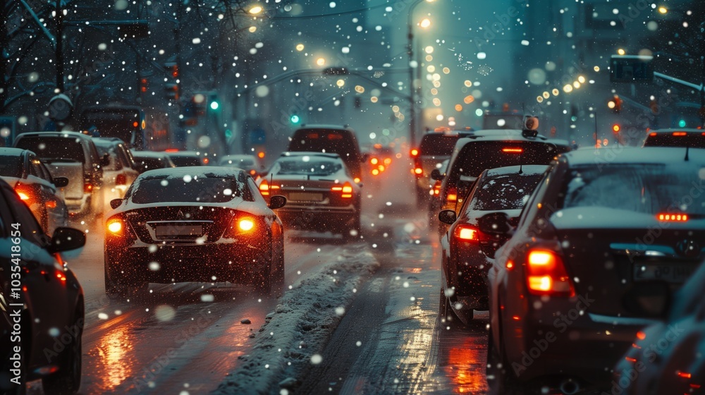 Traffic jam in the street modern city, heavy snowfall on a winter evening. Traffic jam in the street modern city, heavy snowfall on a winter evening.