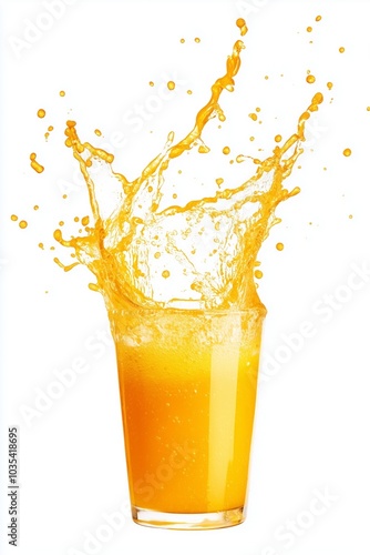 Splash of orange-colored juice in glass isolated on white background.
