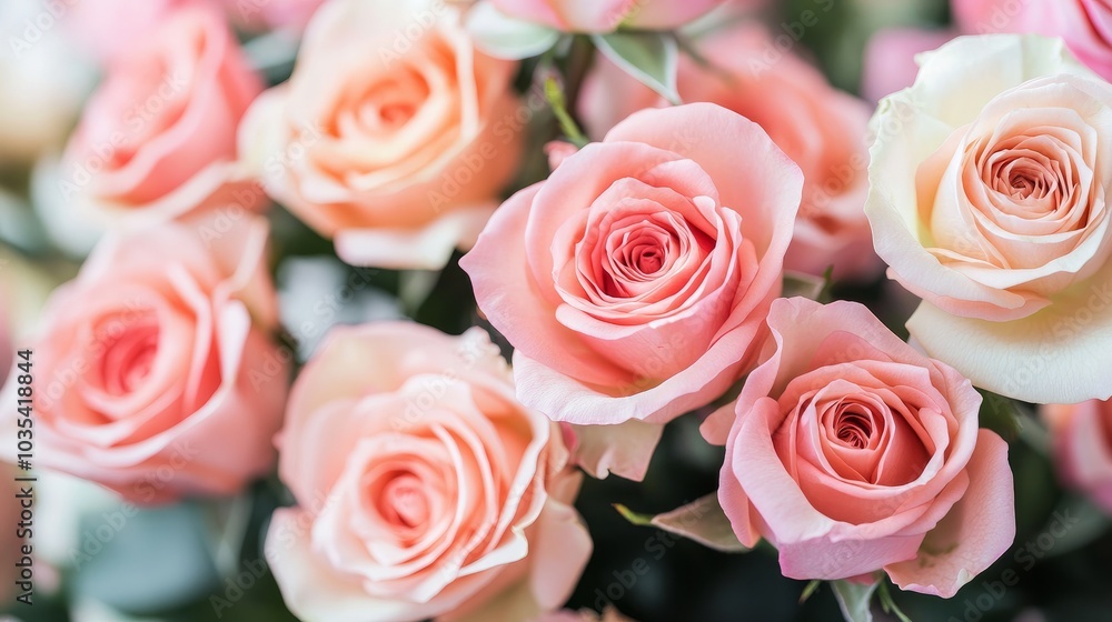A arrangement of pastel-colored flowers is set against a festive backdrop created by gently flowering beautiful pink roses. The gentle rose petals create a cozy and romantic atmosphere. A arrangement of pastel-colored flowers is set against a festive backdrop created by gently flowering beautiful pink roses. The gentle rose petals create a cozy and romantic atmosphere.