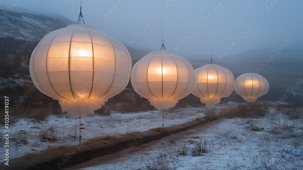 Obraz premium Four glowing lanterns hang in a line down a snow-covered path in a mountainous landscape.