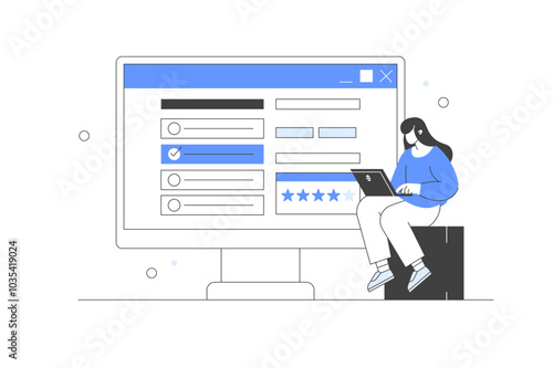 Various Online Survey and Rating Icon. Character Filling Survey Form, putting Check Marks on Checklist and giving Star Feedback. Flat Cartoon Vector Illustration. Minimalist line, abstract