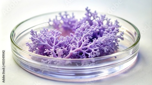 Close-up of a lavender slime mold growing in a laboratory setting, with a white background and microscopes, biology lab, biology, microscope