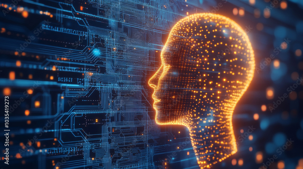 A double exposure image featuring a low polygon 3D illustration of a human head overlaid on a blue circuit board, integrated with financial technology icons.
A double exposure image featuring a low polygon 3D illustration of a human head overlaid on a blue circuit board, integrated with financial technology icons.