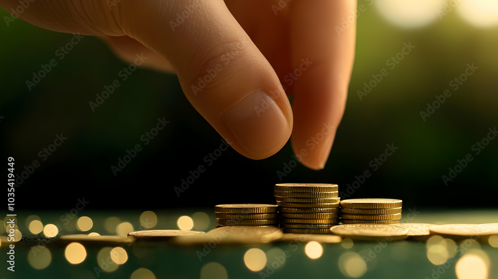 Hand Placing Stack of Coins on Green Background Hand Placing Stack of Coins on Green Background