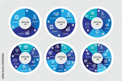 Set of vector infographic circular templates. Cycle diagrams with 3, 4, 5, 6, 7, 8 parts, options. Can be used for chart, graph, report, presentation