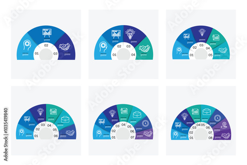Set of pie chart circle infographic templates with 3-8 options. Business concept