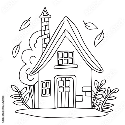 cute fairytale house. cozy autumn landscape, doodle coloring book