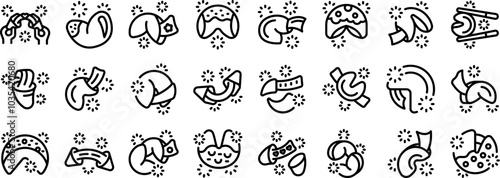 Fortune cookie icons set. Line art icon set of fortune cookies being opened, held, and with messages coming out